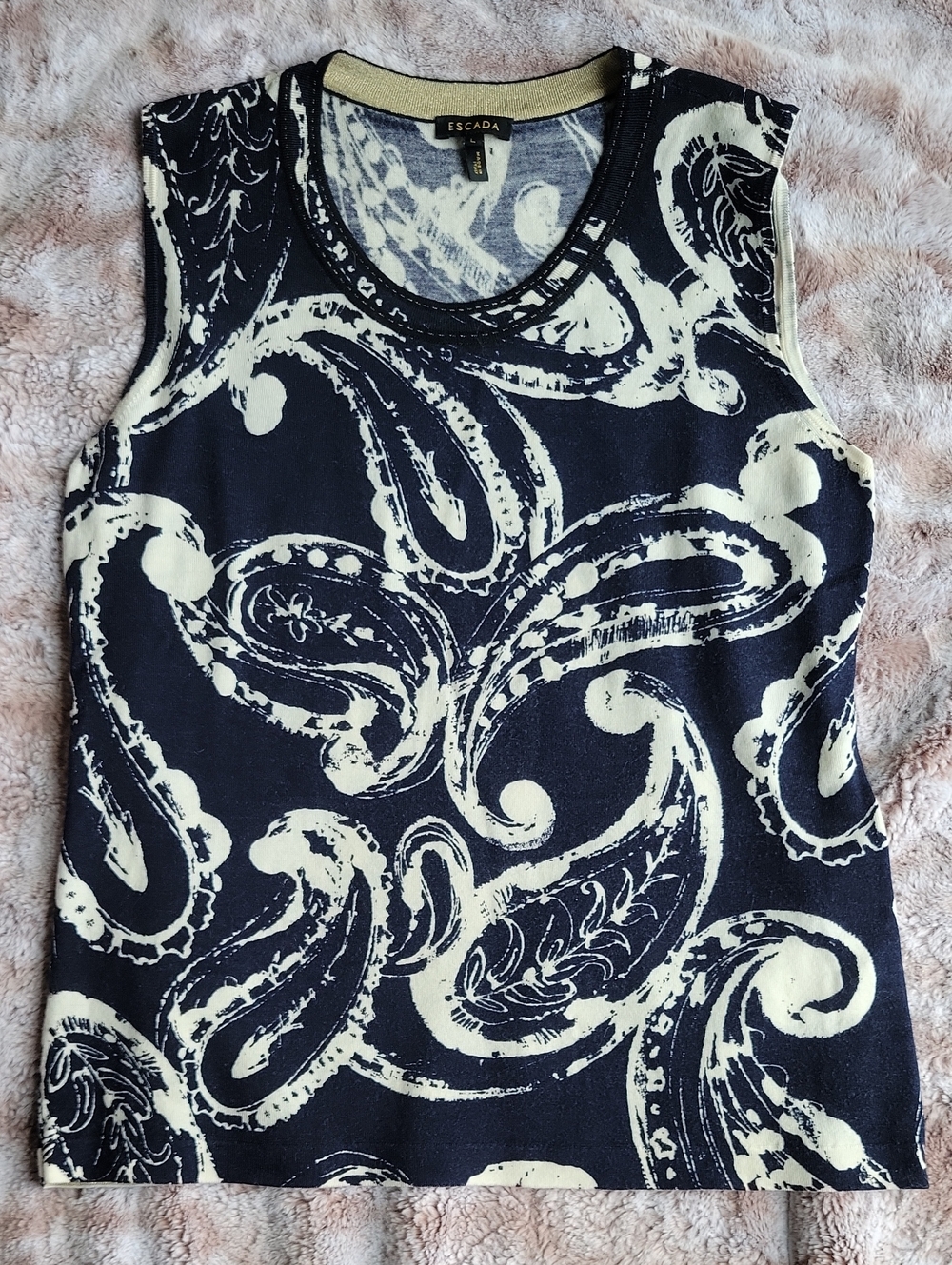 Escada Navy and Cream Wool Blend Paisley Scoop Neck Tank